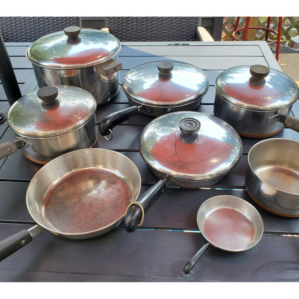Vintage Revere Ware 1801 Copper Bottom 13-Pc Cookware Set Pots Pans Lids USA